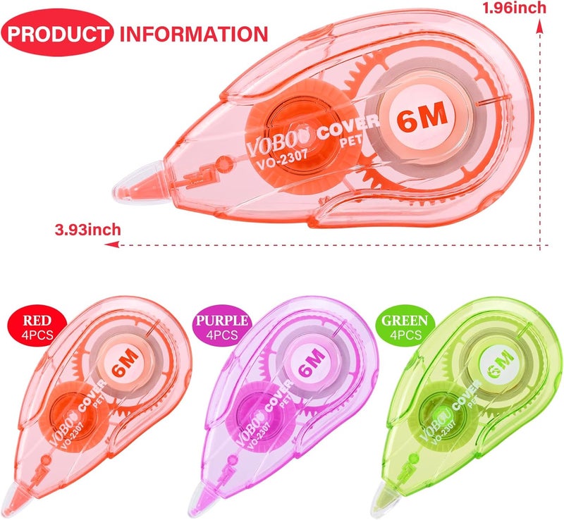 Vobou White Correction Tape, Easy To Use Applicator for Instant Corrections Wrong Writing At Any Time, For school, Office (red, purple, green, 12pack, 6M/256" x 0.2") - Image 2
